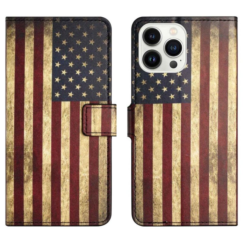 Capa De Couro Para iPhone 14 Pro Bandeira Americana Vintage