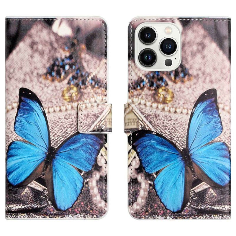 Capa Flip Para iPhone 14 Pro Borboleta Azul