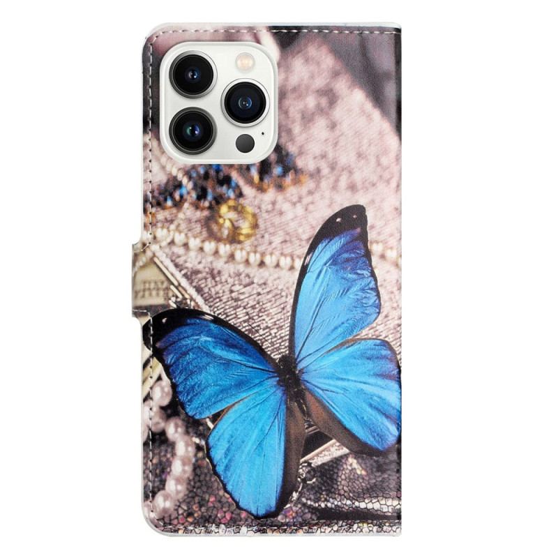 Capa Flip Para iPhone 14 Pro Borboleta Azul