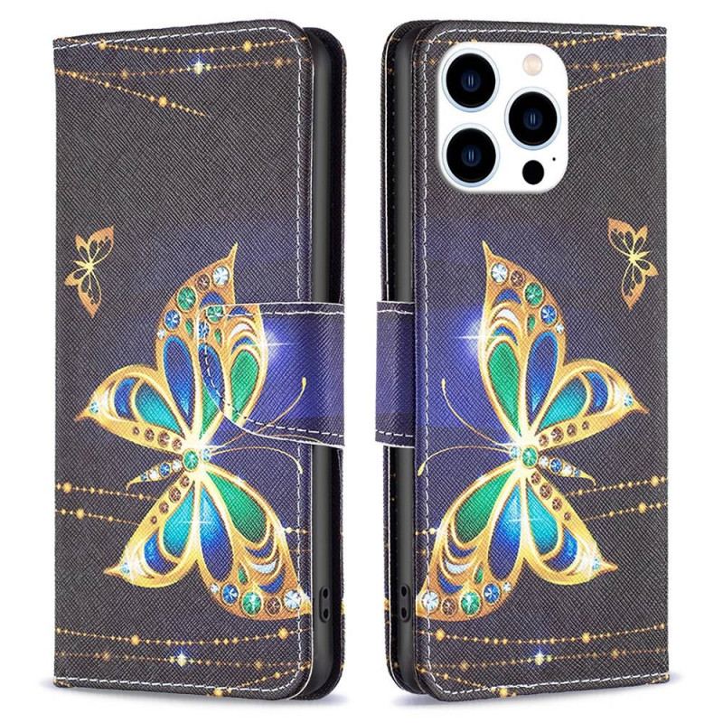 Capa Flip Para iPhone 14 Pro Borboleta Dourada