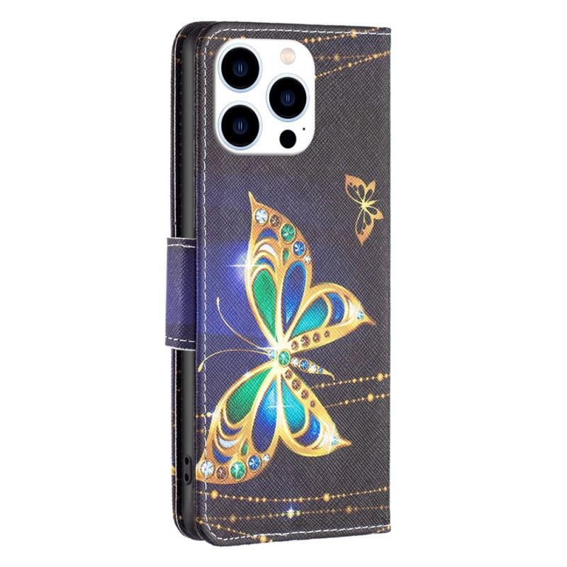 Capa Flip Para iPhone 14 Pro Borboleta Dourada