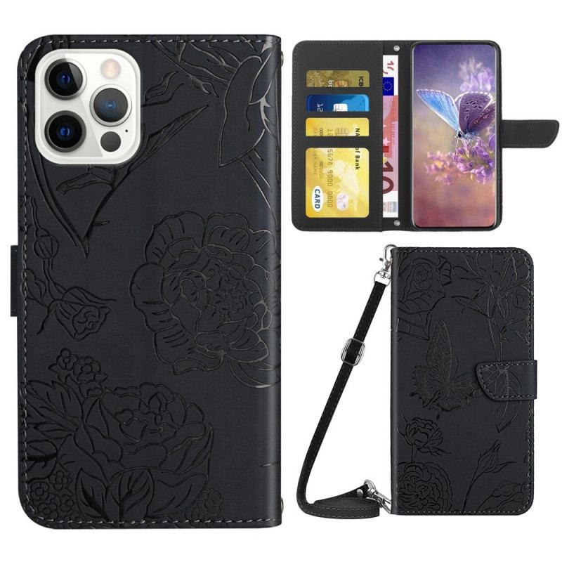 Capa Flip Para iPhone 14 Pro Borboletas E Alça De Ombro