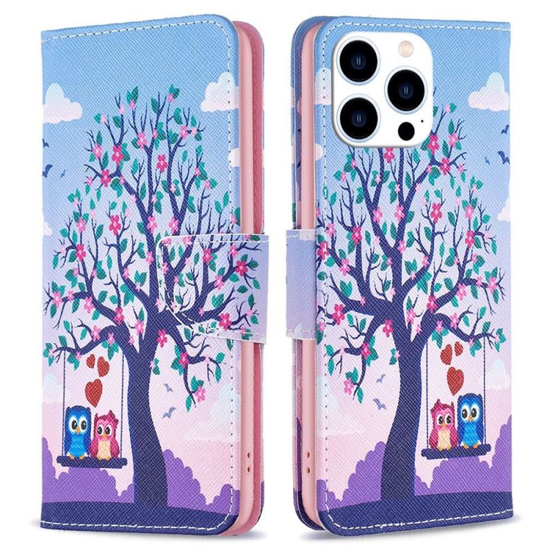 Capa Flip Para iPhone 14 Pro Corujas No Balanço