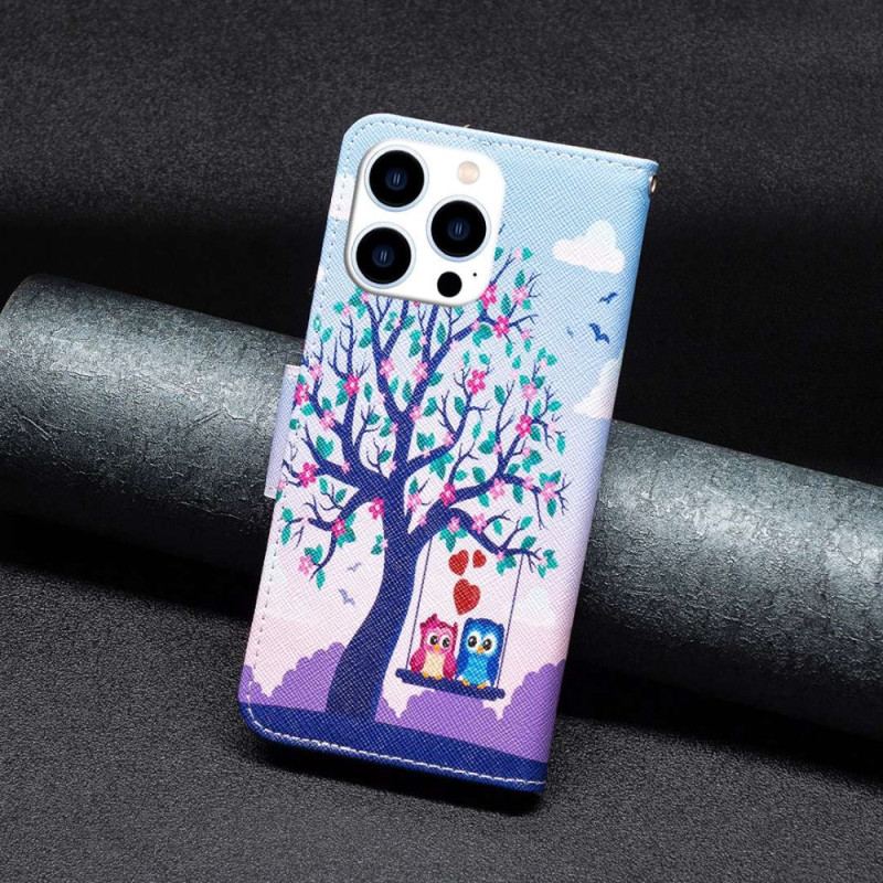 Capa Flip Para iPhone 14 Pro Corujas No Balanço