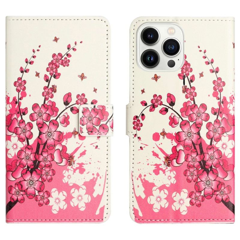 Capa Flip Para iPhone 14 Pro Flores Tropicais