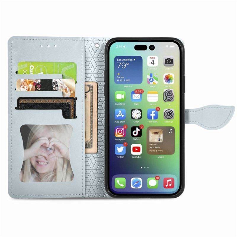 Capa Folio Para iPhone 14 Pro Folhas Tribais