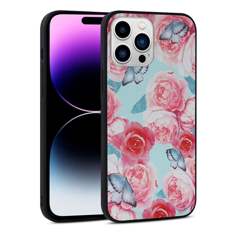 Capa Para iPhone 14 Pro Couro Sintético Floral