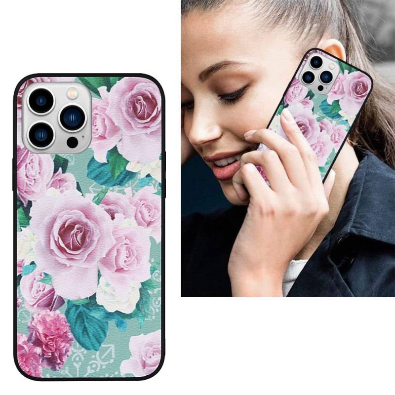 Capa Para iPhone 14 Pro Couro Sintético Floral