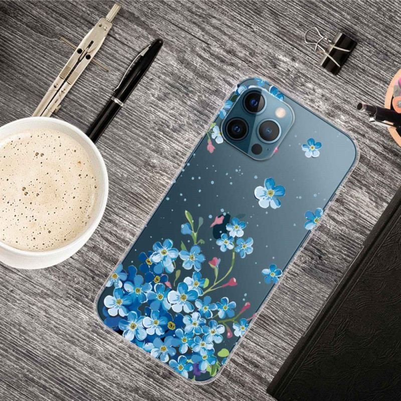 Capa Para iPhone 14 Pro Flores Azuis Sem Costura