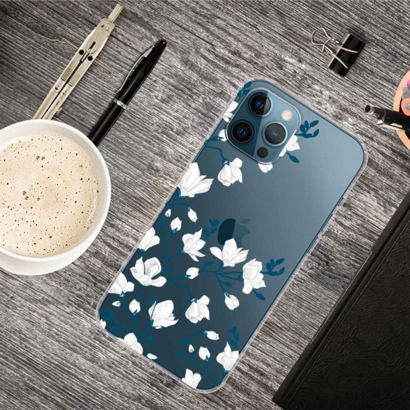 Capa Para iPhone 14 Pro Flores Brancas Sem Costura