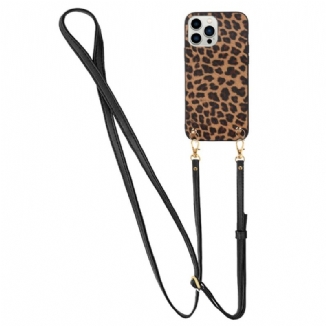 Capa Para iPhone 14 Pro Leopardo Com Alça De Ombro