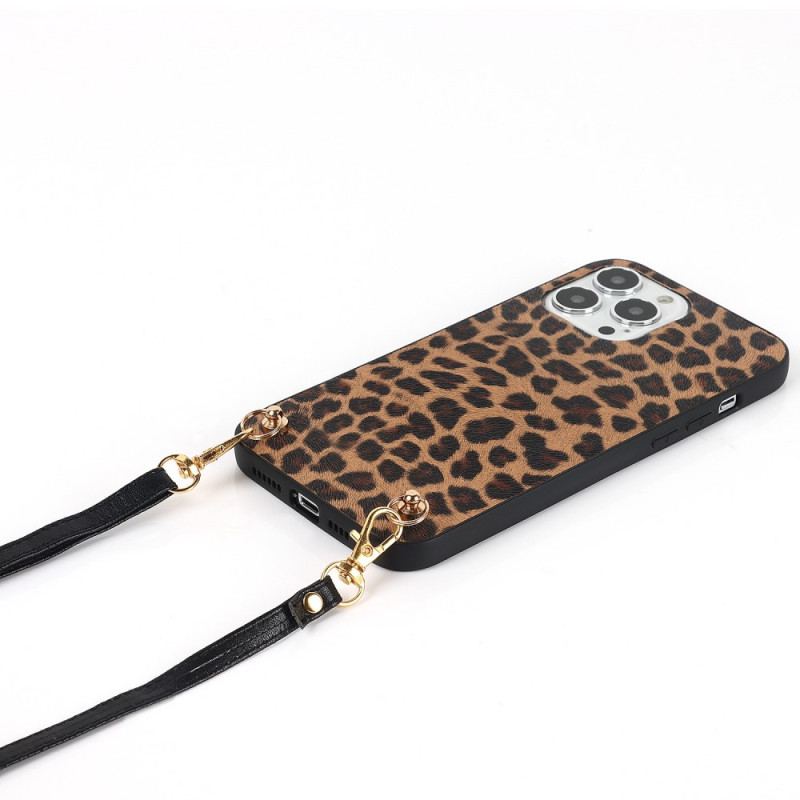 Capa Para iPhone 14 Pro Leopardo Com Alça De Ombro