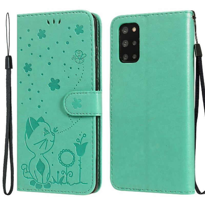 Capa Em Pele Para Samsung Galaxy S20 Plus / S20 Plus 5G De Cordão Gato E Abelha Com Cordão