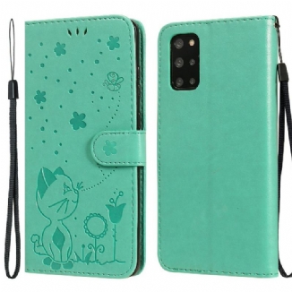 Capa Em Pele Para Samsung Galaxy S20 Plus / S20 Plus 5G De Cordão Gato E Abelha Com Cordão