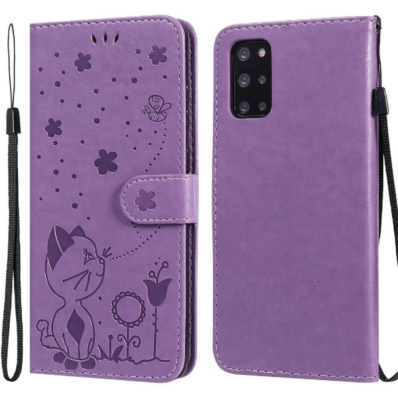 Capa Em Pele Para Samsung Galaxy S20 Plus / S20 Plus 5G De Cordão Gato E Abelha Com Cordão