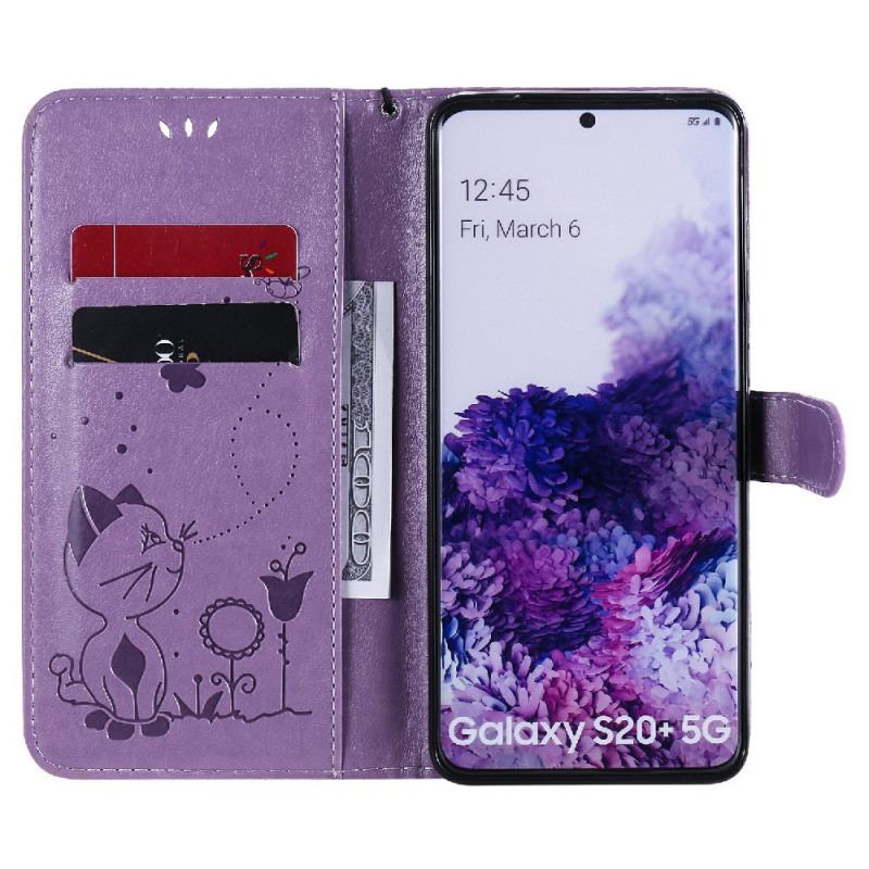 Capa Em Pele Para Samsung Galaxy S20 Plus / S20 Plus 5G De Cordão Gato E Abelha Com Cordão