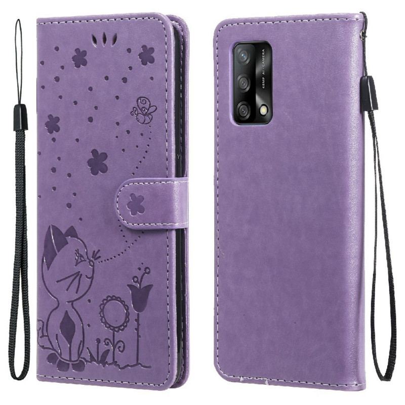 Capa Flip Para Oppo A74 4G De Cordão Gato E Abelha Com Cordão