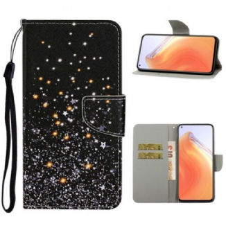 Capa De Couro Para Xiaomi Mi 10T / 10T Pro Estrelas E Lantejoulas Com Cordão