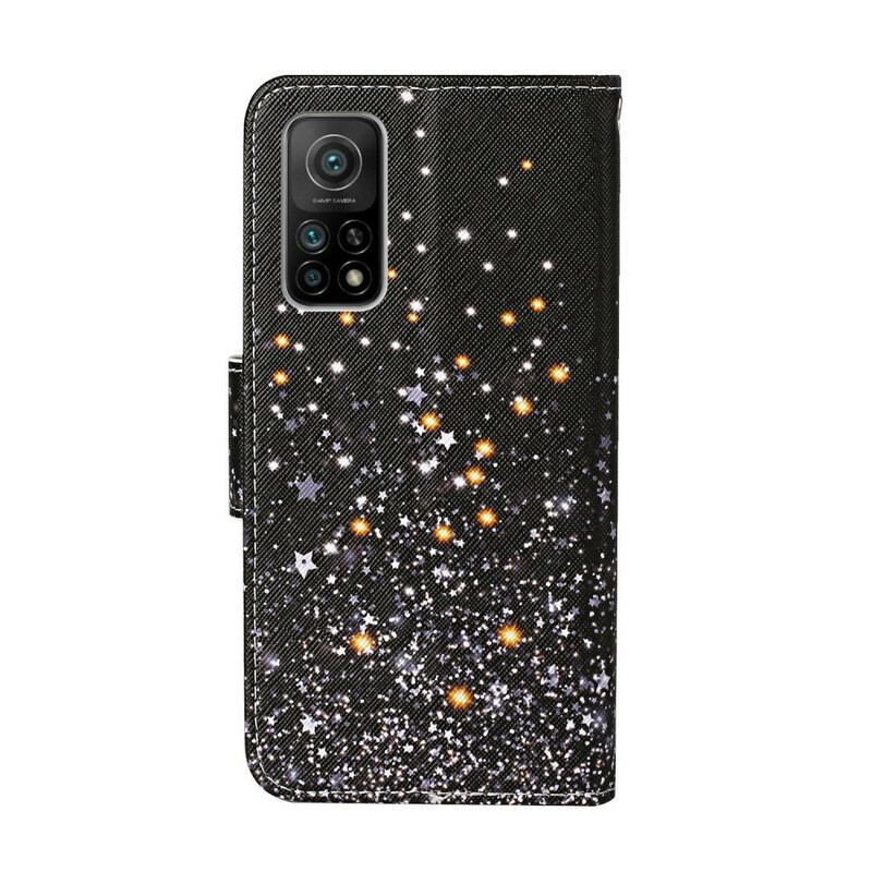 Capa De Couro Para Xiaomi Mi 10T / 10T Pro Estrelas E Lantejoulas Com Cordão