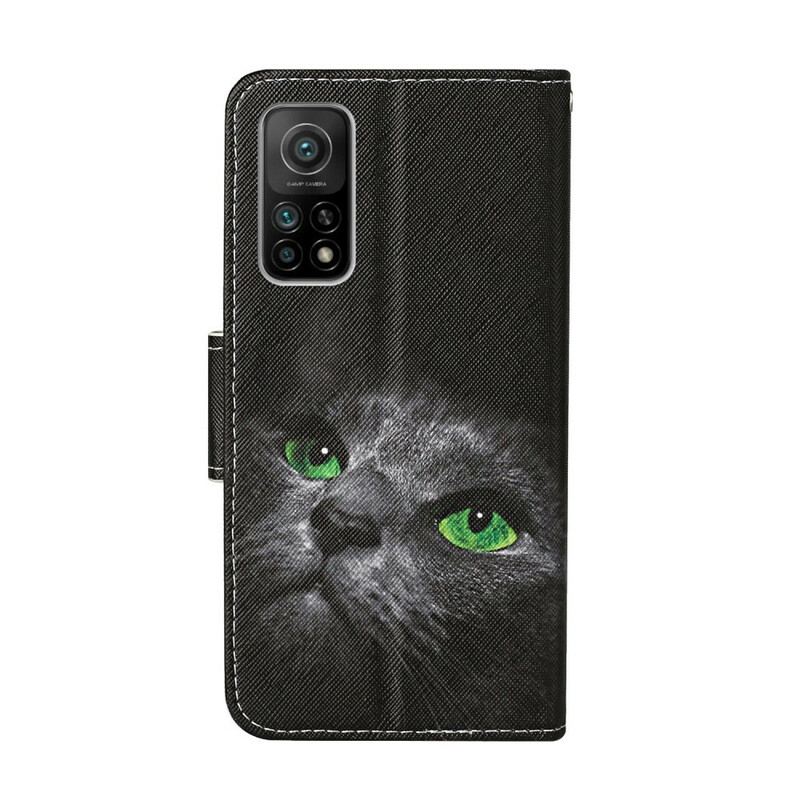 Capa De Couro Para Xiaomi Mi 10T / 10T Pro Gato De Olhos Verdes Com Cordão