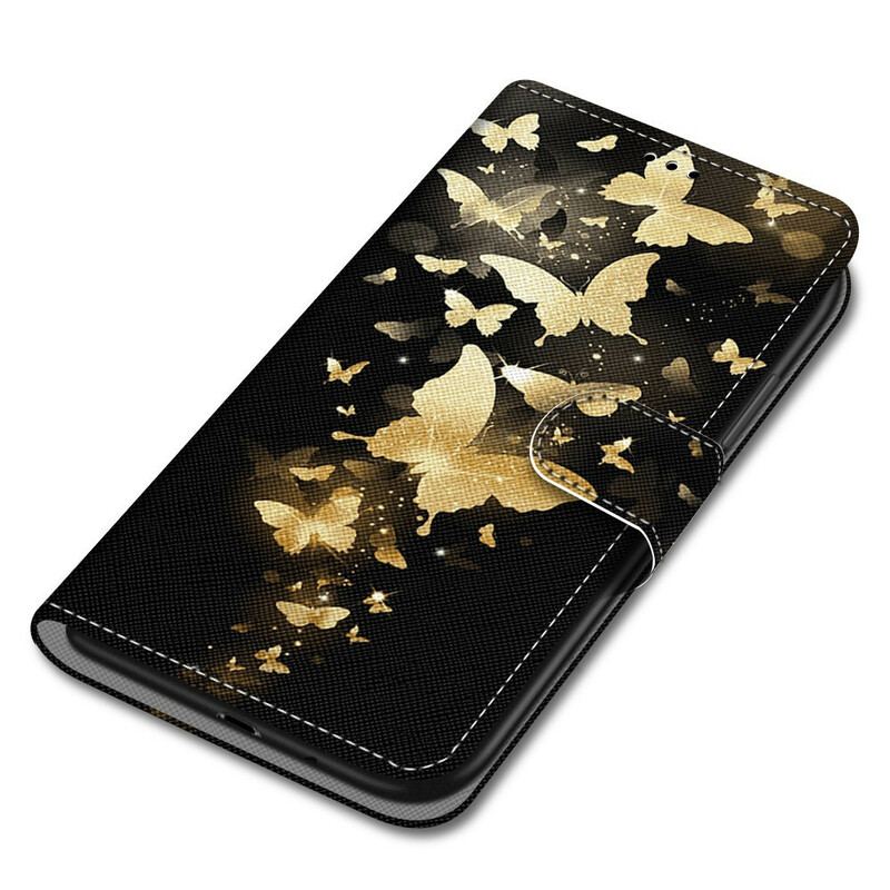 Capa Em Pele Para Xiaomi Mi 10T / 10T Pro Borboletas Douradas