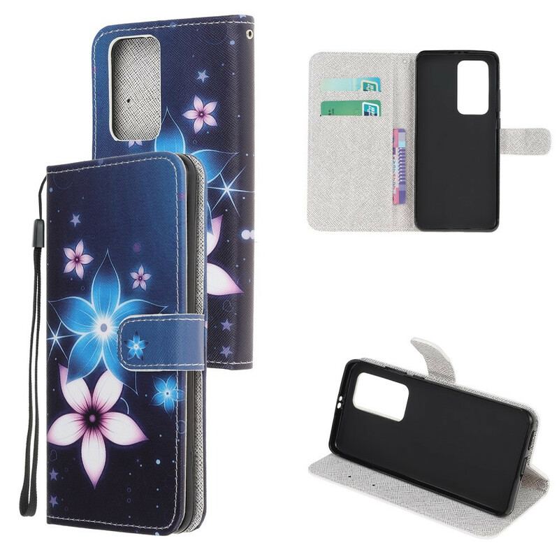 Capa Em Pele Para Xiaomi Mi 10T / 10T Pro De Cordão Flores De Cinta Lunar