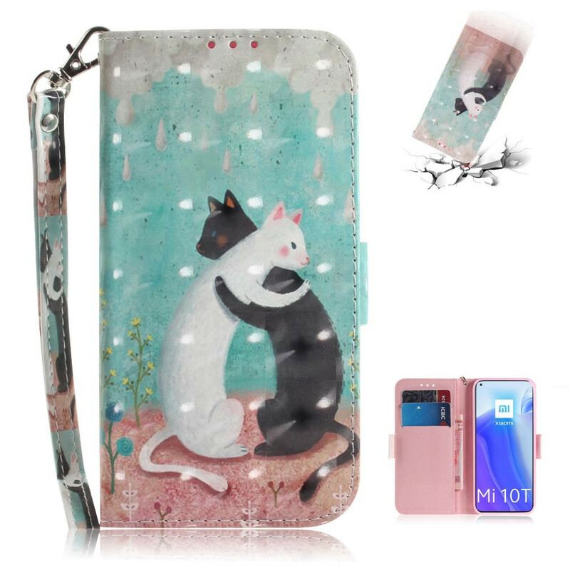 Capa Em Pele Para Xiaomi Mi 10T / 10T Pro De Cordão Strappy Cat Friends