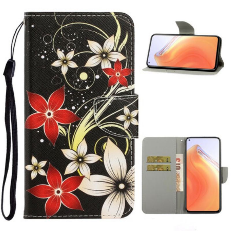 Capa Flip Para Xiaomi Mi 10T / 10T Pro De Cordão Flores Coloridas Com Tiras