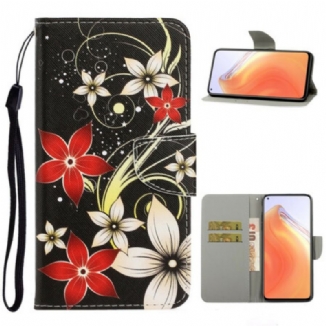 Capa Flip Para Xiaomi Mi 10T / 10T Pro De Cordão Flores Coloridas Com Tiras