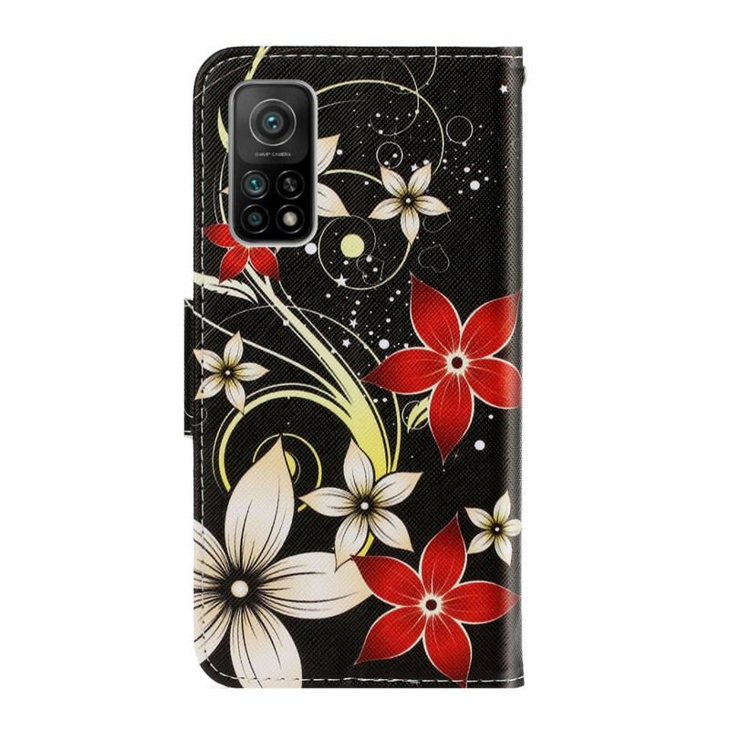 Capa Flip Para Xiaomi Mi 10T / 10T Pro De Cordão Flores Coloridas Com Tiras