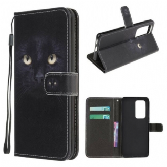 Capa Flip Para Xiaomi Mi 10T / 10T Pro De Cordão Olhos De Gato Preto Com Tiras