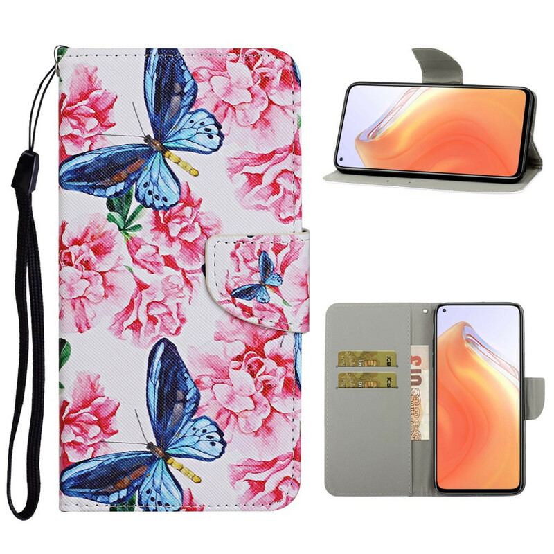 Capa Folio Para Xiaomi Mi 10T / 10T Pro Cordão Floral Borboletas