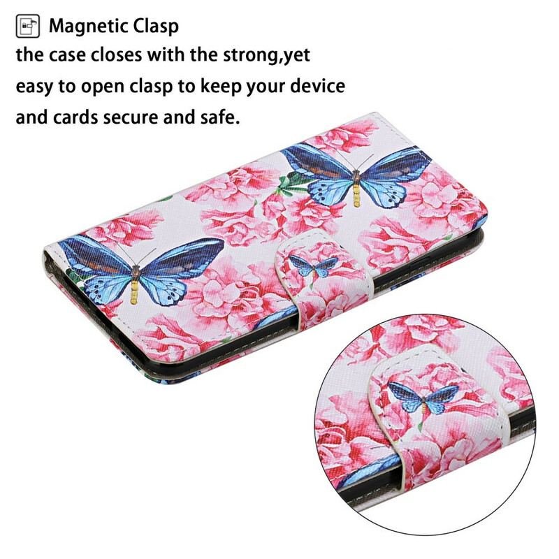 Capa Folio Para Xiaomi Mi 10T / 10T Pro Cordão Floral Borboletas