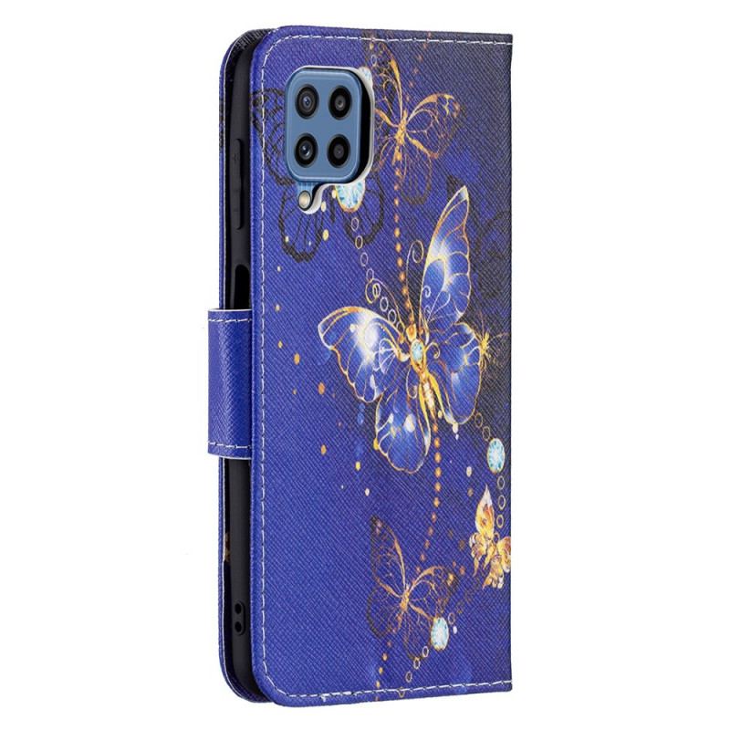 Capa De Couro Para Samsung Galaxy M32 Borboletas Douradas