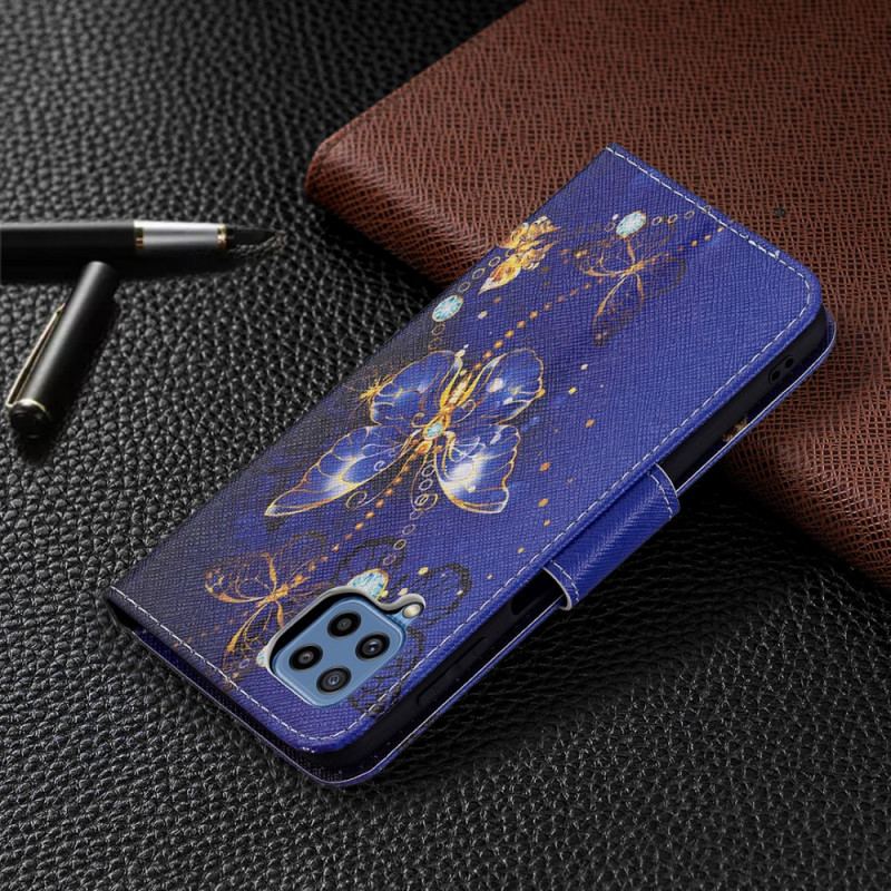 Capa De Couro Para Samsung Galaxy M32 Borboletas Douradas