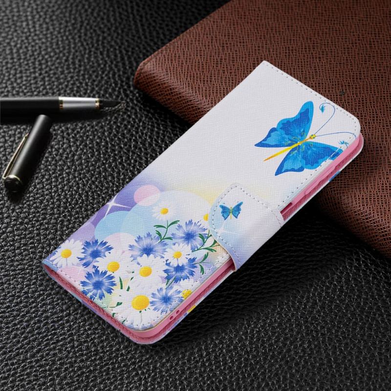 Capa De Couro Para Samsung Galaxy M32 Borboletas E Flores Pintadas