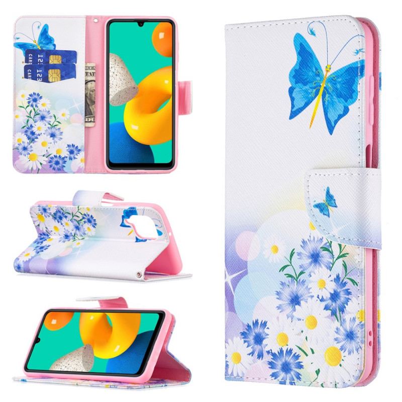 Capa De Couro Para Samsung Galaxy M32 Borboletas E Flores Pintadas