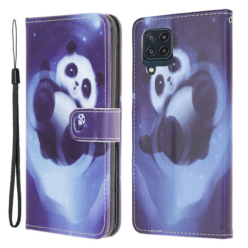 Capa De Couro Para Samsung Galaxy M32 De Cordão Espaço Panda Com Lanyard