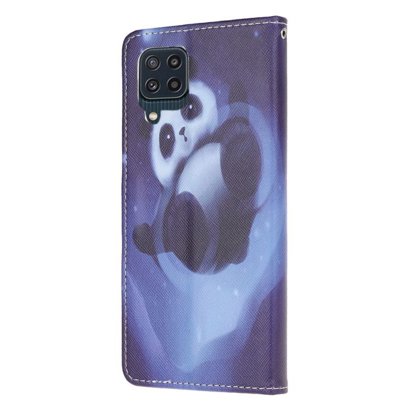 Capa De Couro Para Samsung Galaxy M32 De Cordão Espaço Panda Com Lanyard