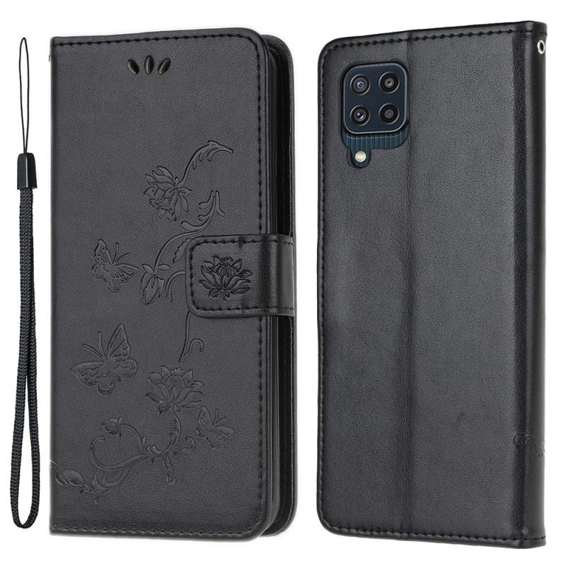 Capa De Couro Para Samsung Galaxy M32 De Cordão Flores De Alça