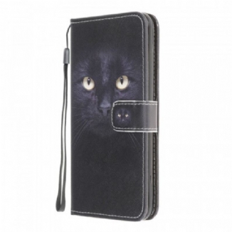 Capa De Couro Para Samsung Galaxy M32 De Cordão Olhos De Gato Preto Com Tiras