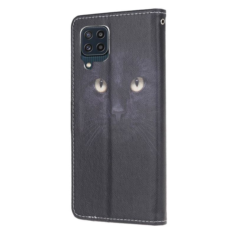 Capa De Couro Para Samsung Galaxy M32 De Cordão Olhos De Gato Preto Com Tiras