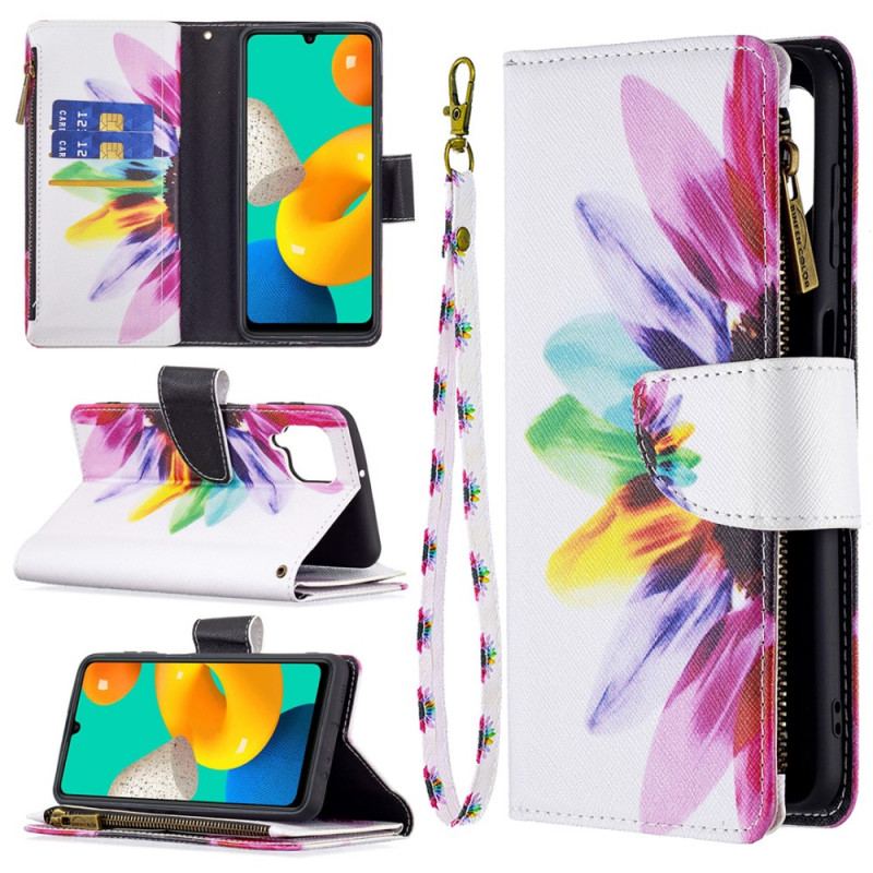 Capa Folio Para Samsung Galaxy M32 Bolso Com Zíper Flor