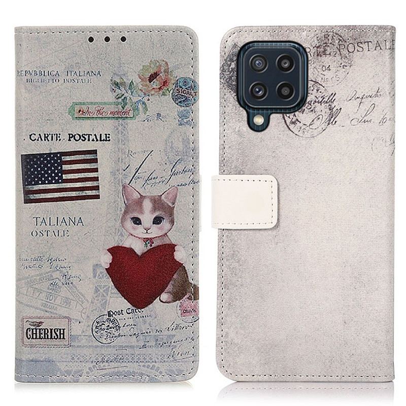 Capa Folio Para Samsung Galaxy M32 Gato Viajante