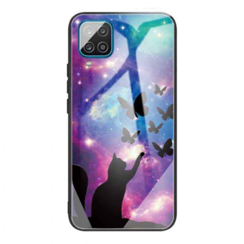 Capa Para Samsung Galaxy M32 Gato De Vidro Temperado E Borboletas No Espaço