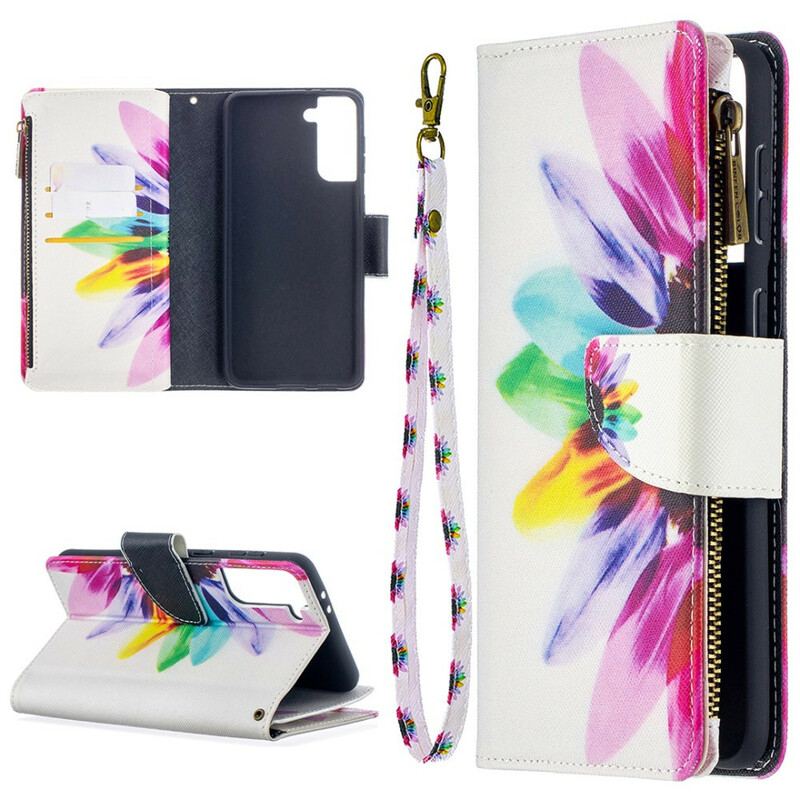 Capa De Couro Para Samsung Galaxy S21 Plus 5G Bolsa Flor Aquarela Com Zíper