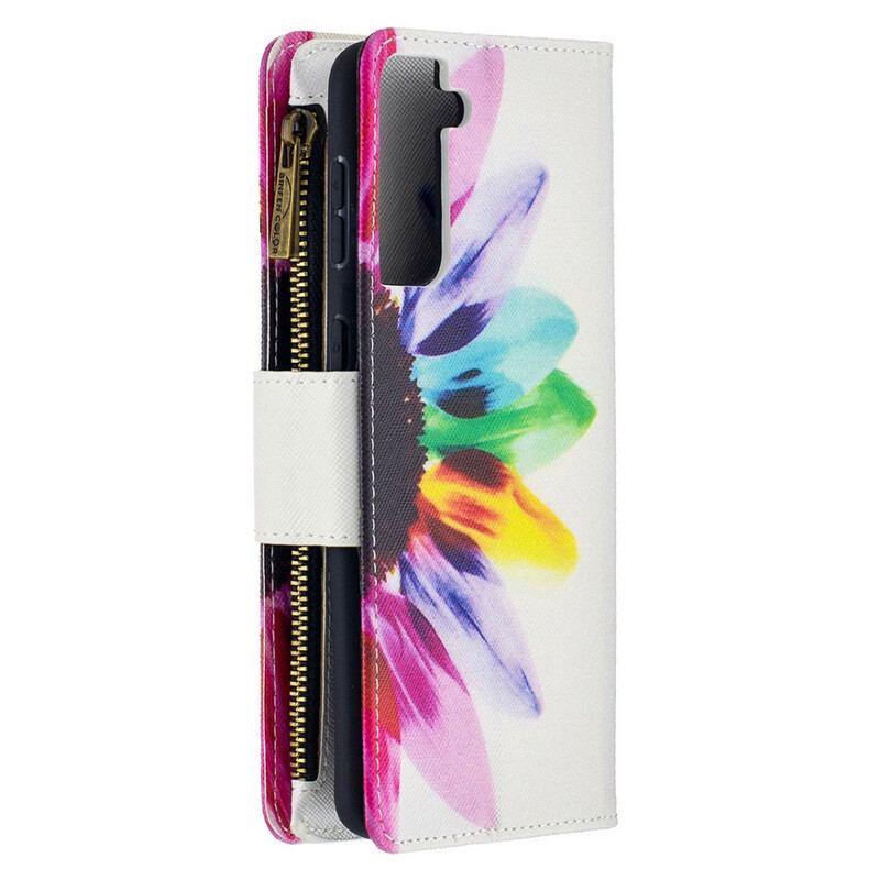 Capa De Couro Para Samsung Galaxy S21 Plus 5G Bolsa Flor Aquarela Com Zíper