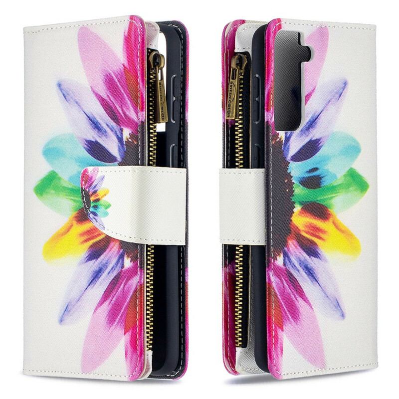 Capa De Couro Para Samsung Galaxy S21 Plus 5G Bolsa Flor Aquarela Com Zíper