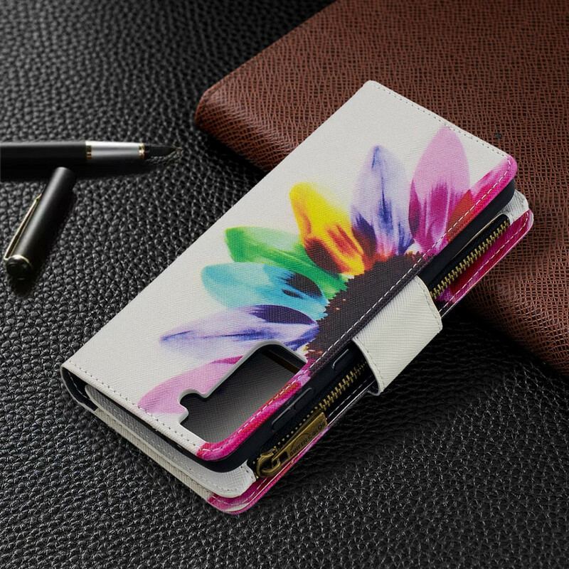 Capa De Couro Para Samsung Galaxy S21 Plus 5G Bolsa Flor Aquarela Com Zíper