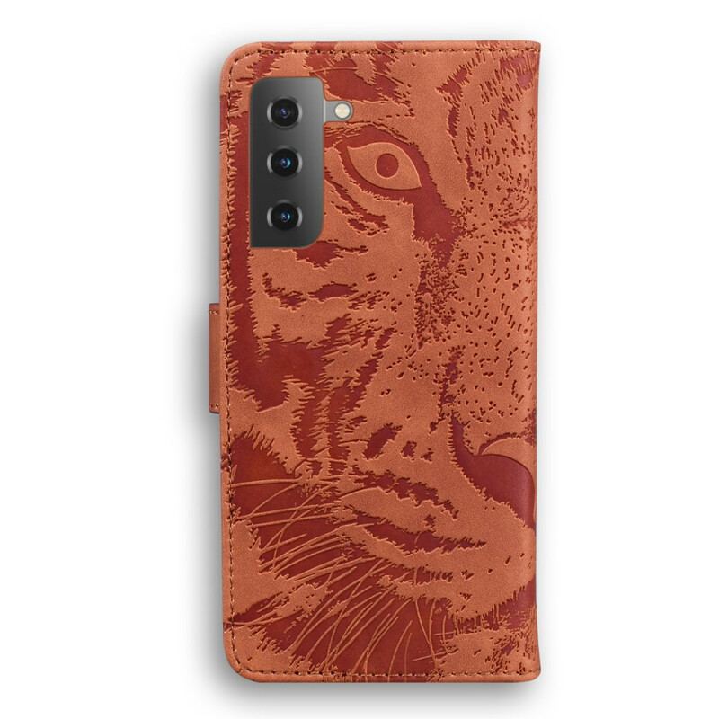 Capa De Couro Para Samsung Galaxy S21 Plus 5G Estampa Cara De Tigre